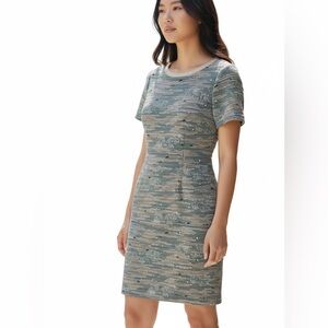 Mikael Aghal -High End Gathered Sheath Dress size 12 Grey Blue Beige - Rare